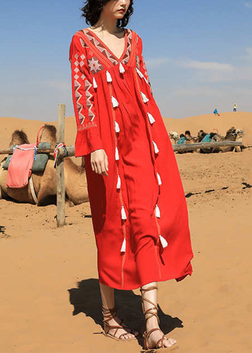 Red Tasseled Patchwork Cotton Fall Long Dress V Neck