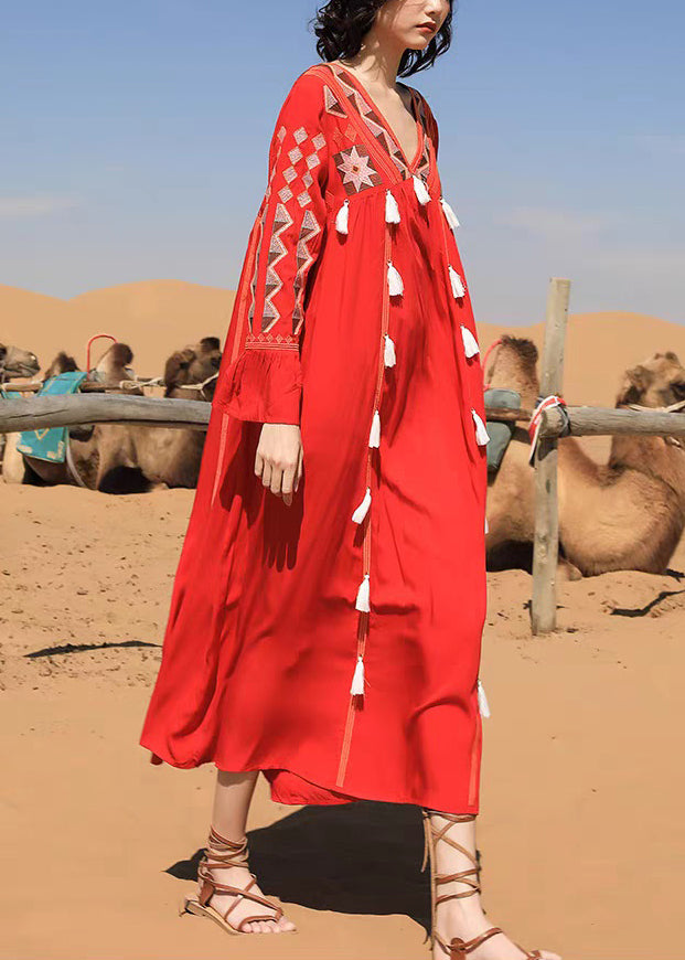 Red Tasseled Patchwork Cotton Fall Long Dress V Neck