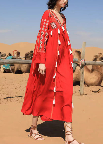 Red Tasseled Patchwork Cotton Fall Long Dress V Neck