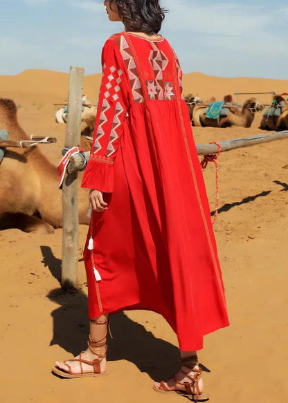 Red Tasseled Patchwork Cotton Fall Long Dress V Neck