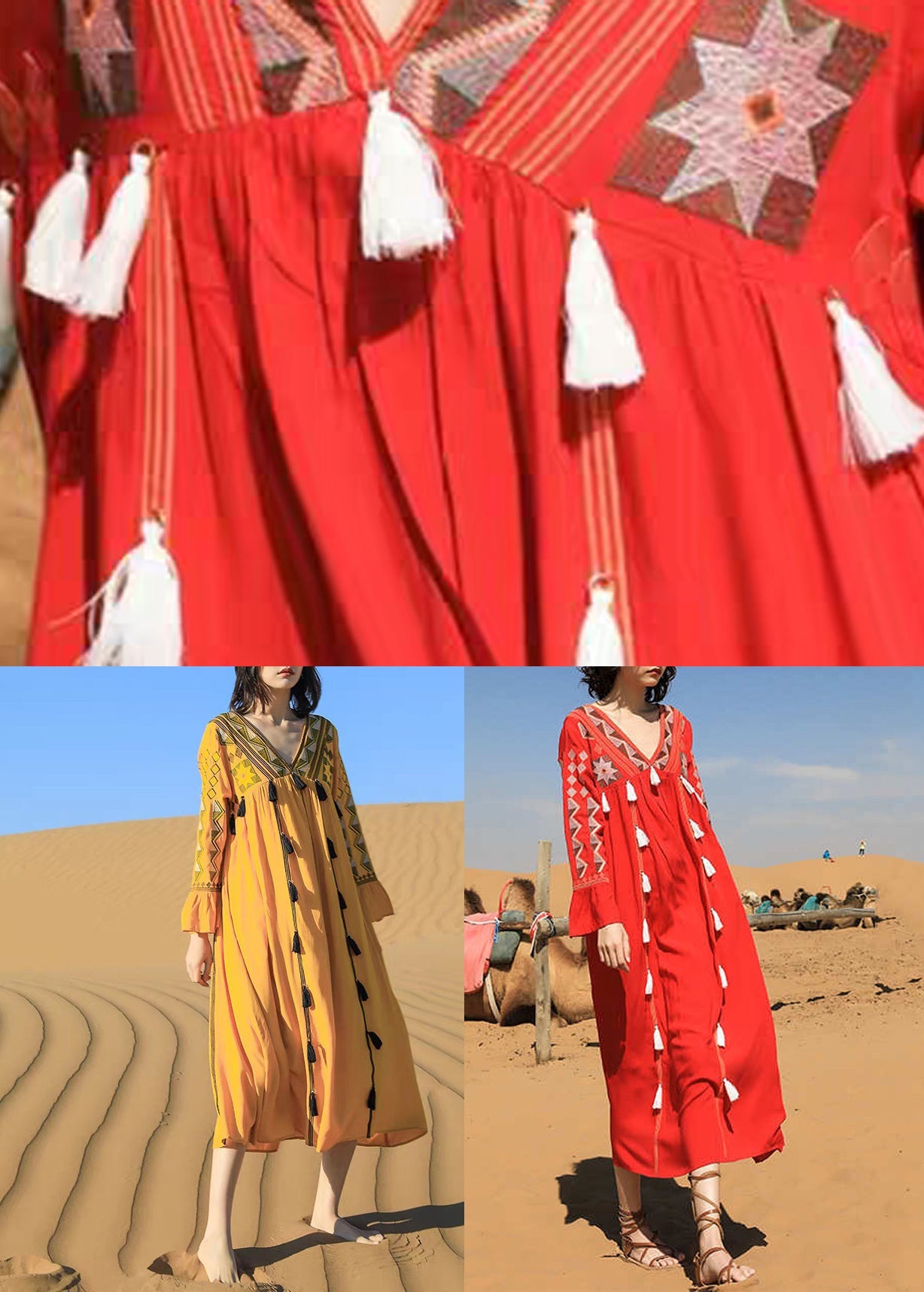 Red Tasseled Patchwork Cotton Fall Long Dress V Neck