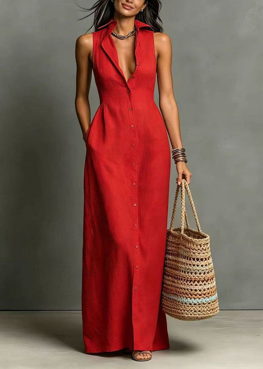 Red Vacation Dresses Peter Pan Collar Single Breasted Sleeveless