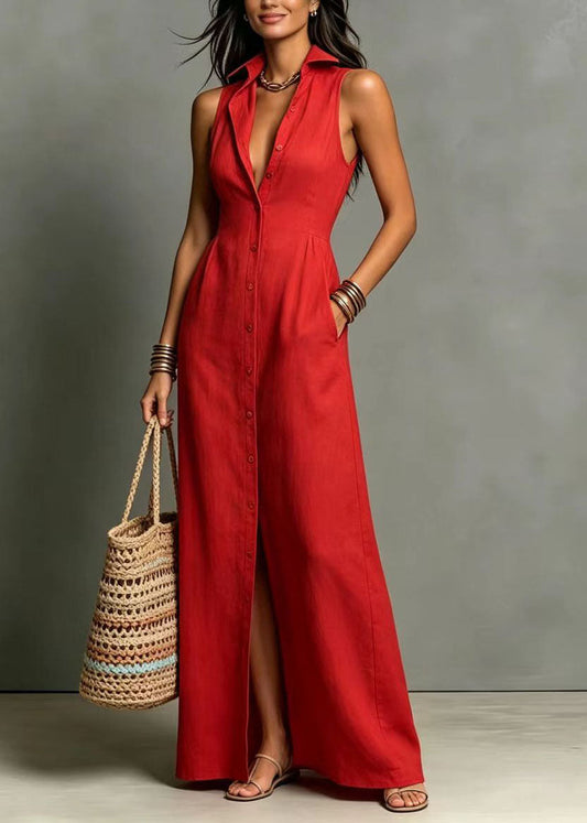 Red Vacation Dresses Peter Pan Collar Single Breasted Sleeveless