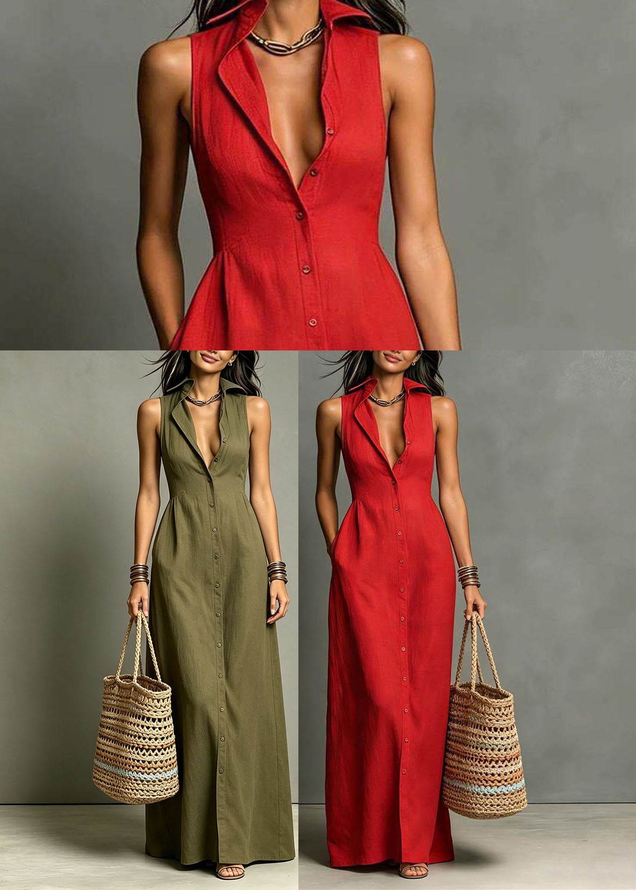 Red Vacation Dresses Peter Pan Collar Single Breasted Sleeveless