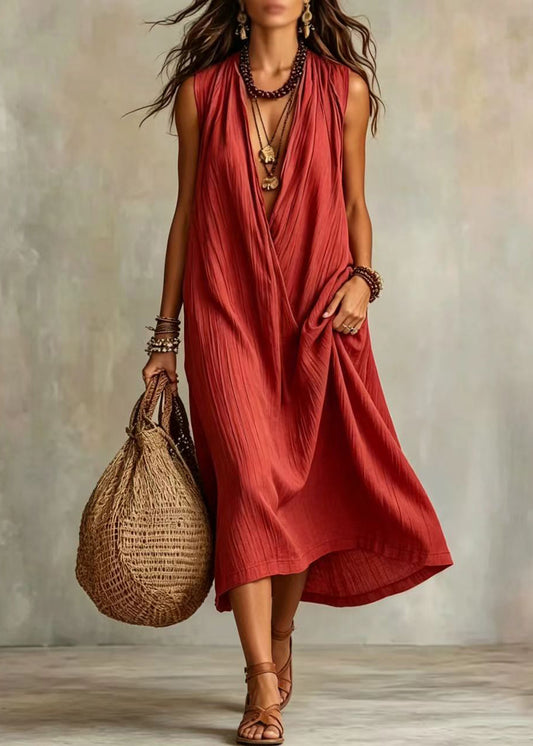 Red Vacation Dresses V Neck Draping Sleeveless