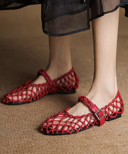 Red Walking Sandals Splicing Breathable Hollow Out Cowhide Leather
