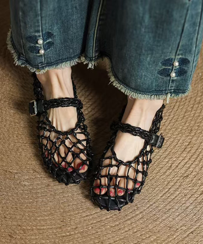 Red Walking Sandals Splicing Breathable Hollow Out Cowhide Leather