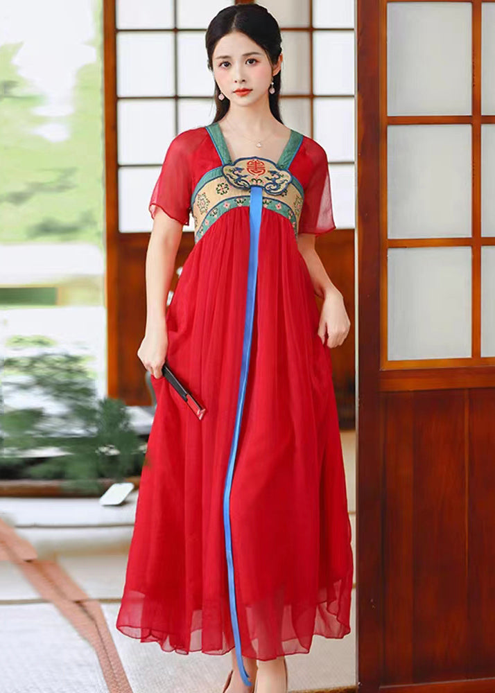 Red Wrinkled Patchwork Chiffon Long Dress Embroideried Short Sleeve