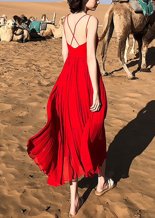 Red Wrinkled Solid Chiffon Spaghetti Strap Dress V Neck Summer