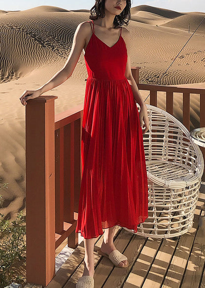 Red Wrinkled Solid Chiffon Spaghetti Strap Dress V Neck Summer