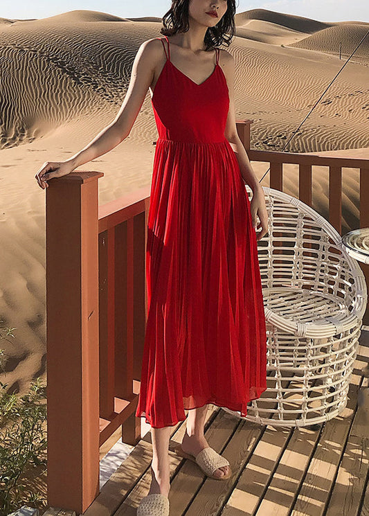 Red Wrinkled Solid Chiffon Spaghetti Strap Dress V Neck Summer