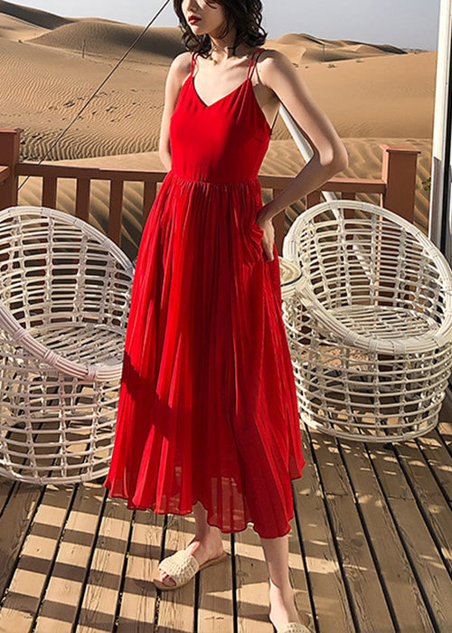 Red Wrinkled Solid Chiffon Spaghetti Strap Dress V Neck Summer