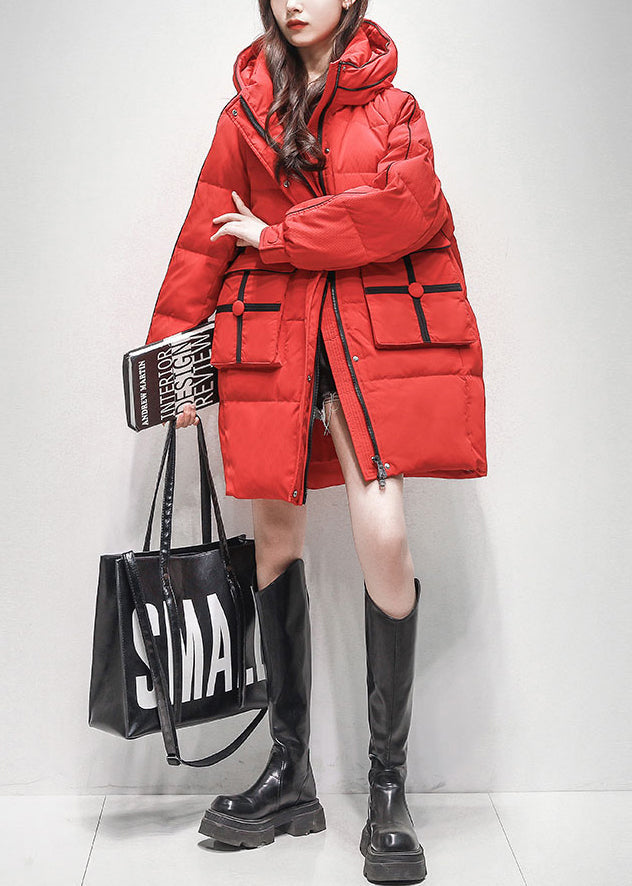 Red Zippered Pockets Duck Down Winter Coats Hooded