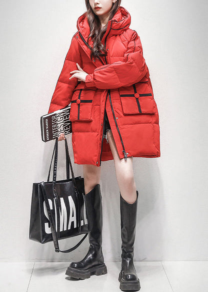 Red Zippered Pockets Duck Down Winter Coats Hooded