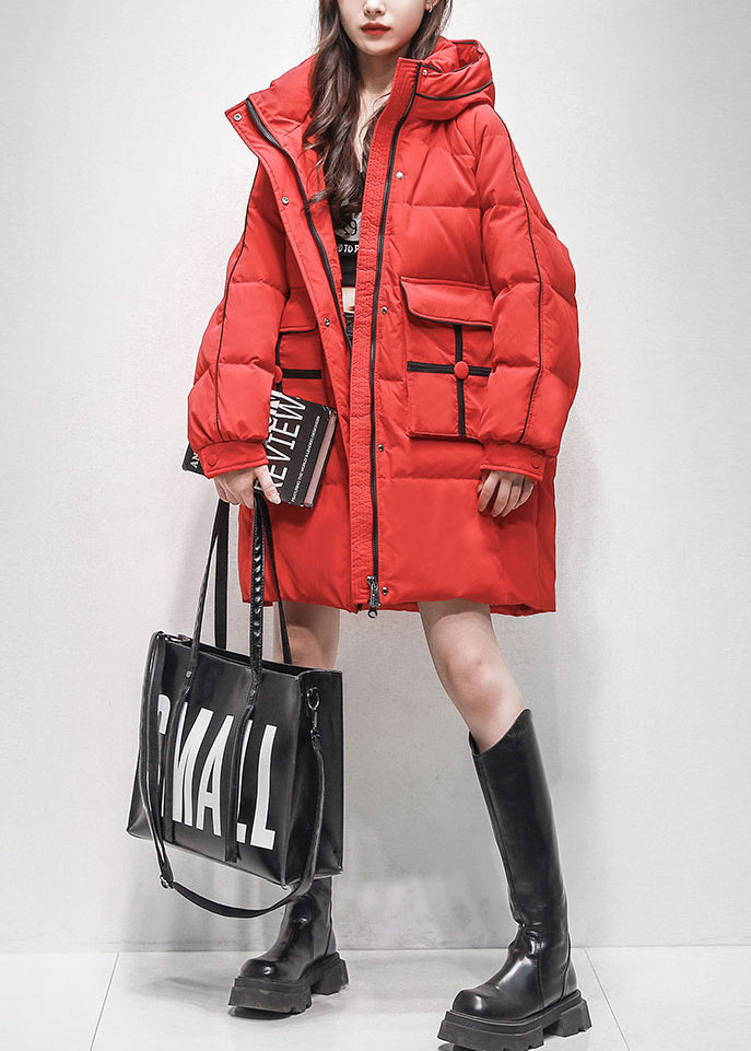 Red Zippered Pockets Duck Down Winter Coats Hooded