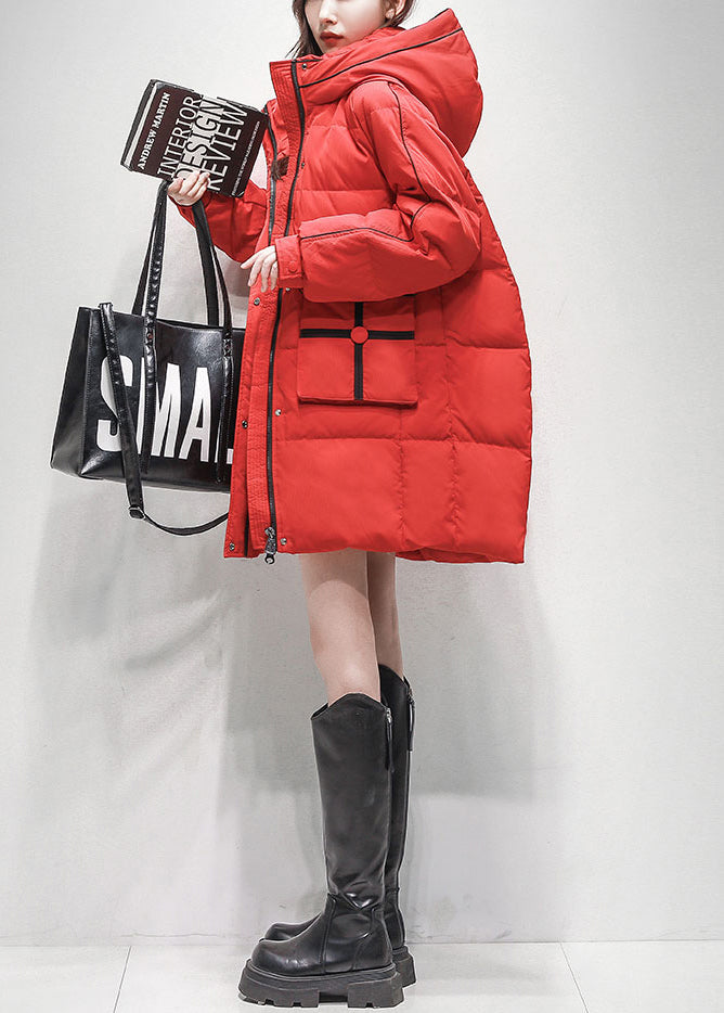 Red Zippered Pockets Duck Down Winter Coats Hooded