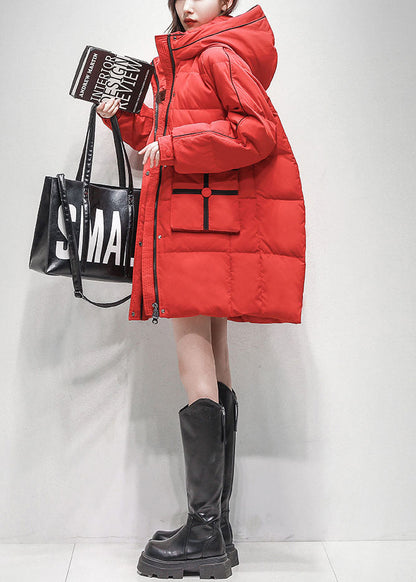 Red Zippered Pockets Duck Down Winter Coats Hooded