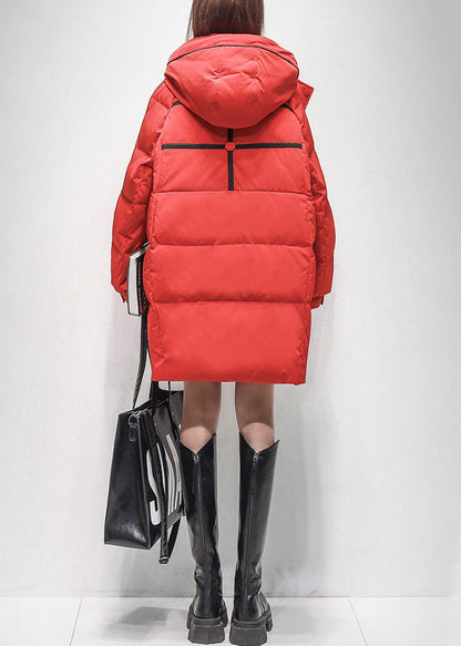 Red Zippered Pockets Duck Down Winter Coats Hooded