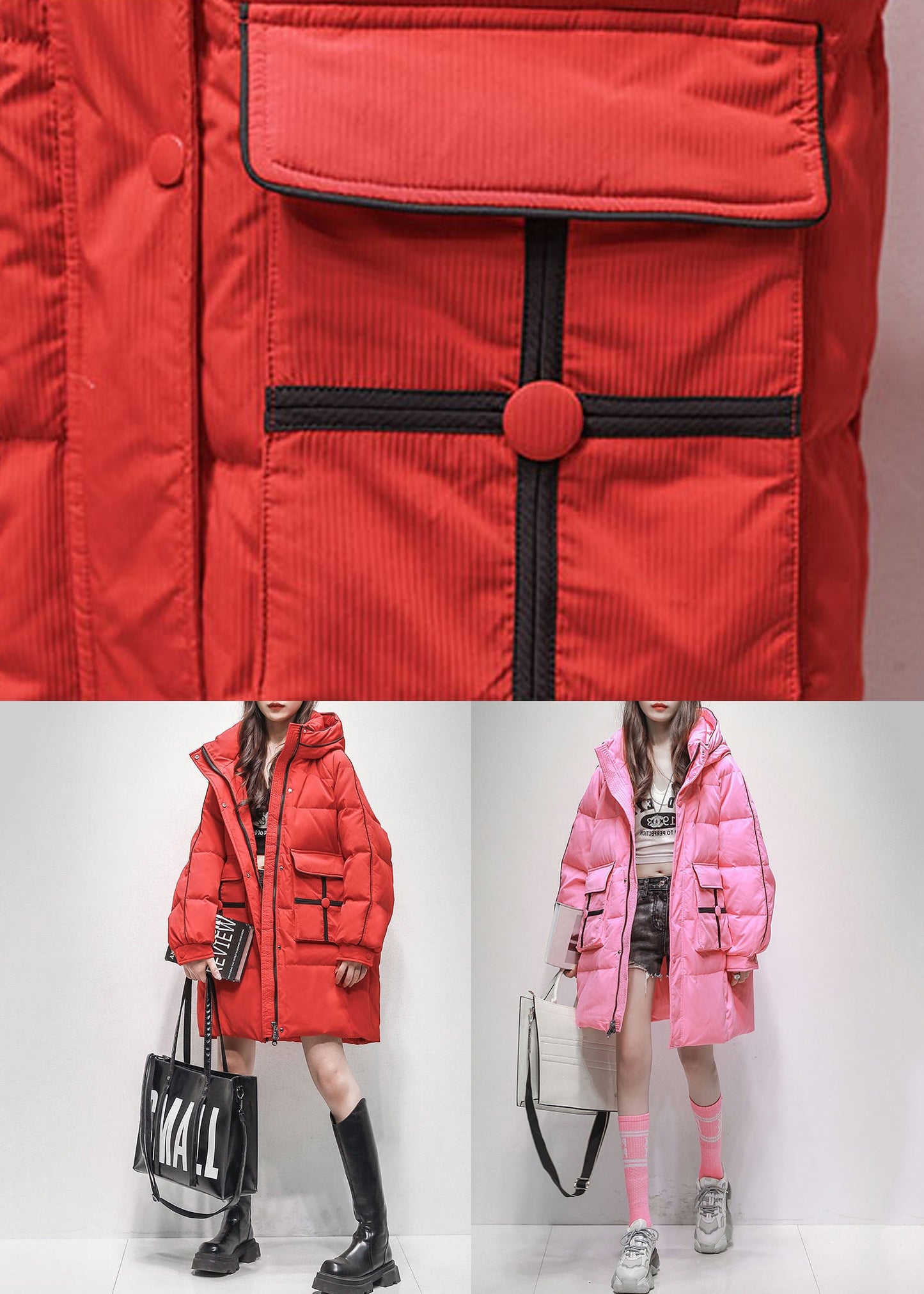Red Zippered Pockets Duck Down Winter Coats Hooded