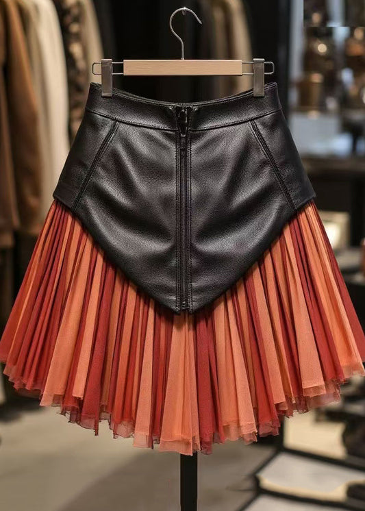 Red Zippered Tulle Patchwork Faux Leather Skirts High Waist