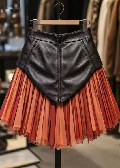 Red Zippered Tulle Patchwork Faux Leather Skirts High Waist