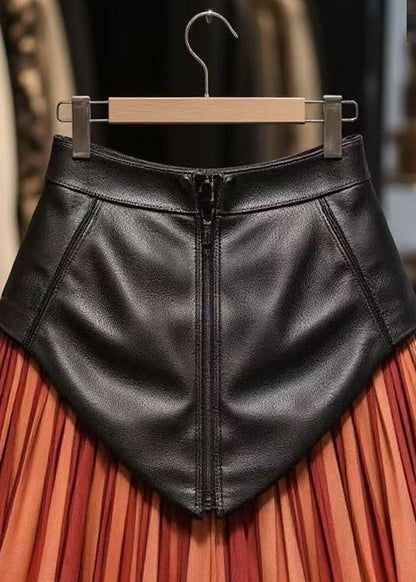 Red Zippered Tulle Patchwork Faux Leather Skirts High Waist
