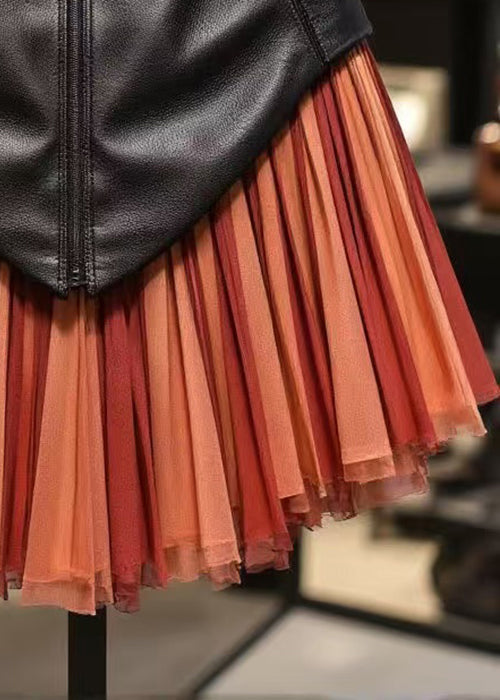 Red Zippered Tulle Patchwork Faux Leather Skirts High Waist