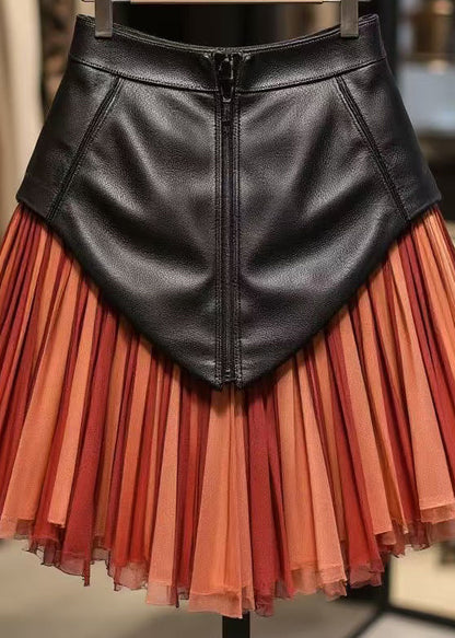 Red Zippered Tulle Patchwork Faux Leather Skirts High Waist