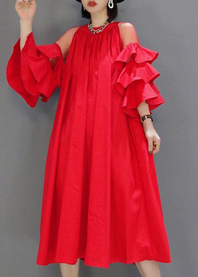 Red Patchwork Tulle Summer Cotton Sundress Half Sleeve - SooLinen