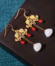 Load image into Gallery viewer, Regular Ancient Gold Inlaid Jade Gem Stone Lotus Flower Tassel Drop Earrings