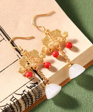 Load image into Gallery viewer, Regular Ancient Gold Inlaid Jade Gem Stone Lotus Flower Tassel Drop Earrings