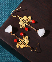 Load image into Gallery viewer, Regular Ancient Gold Inlaid Jade Gem Stone Lotus Flower Tassel Drop Earrings