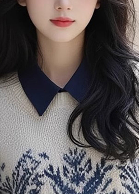 Retro Apricot Peter Pan Collar Print Cotton Knit Sweater Spring