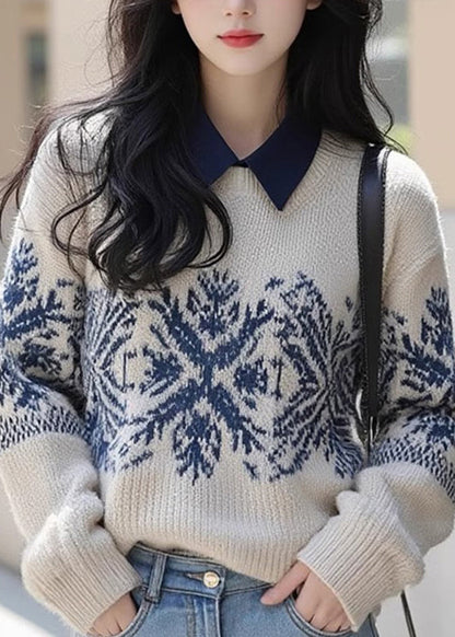 Retro Apricot Peter Pan Collar Print Cotton Knit Sweater Spring