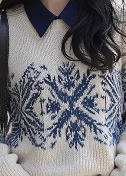 Retro Apricot Peter Pan Collar Print Cotton Knit Sweater Spring