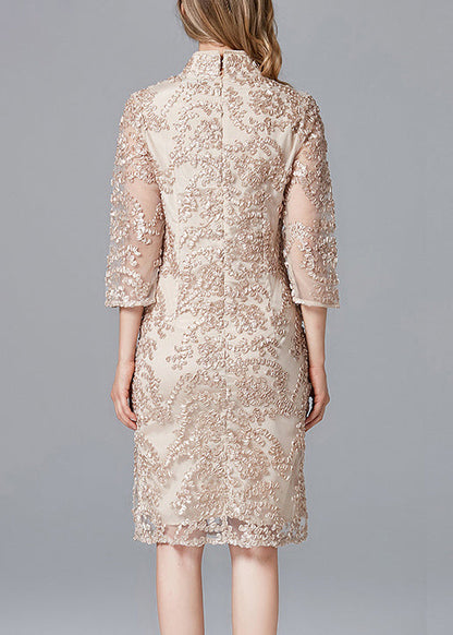 Retro Apricot Stand Collar Embroidered Slim Fit Dress Summer