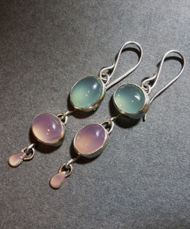 Retro Asymmetric Pink Green Sterling Silver Oval Cat Eye Stone Pendant