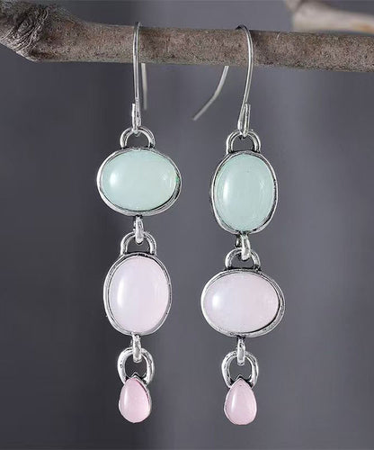 Retro Asymmetric Pink Green Sterling Silver Oval Cat Eye Stone Pendant