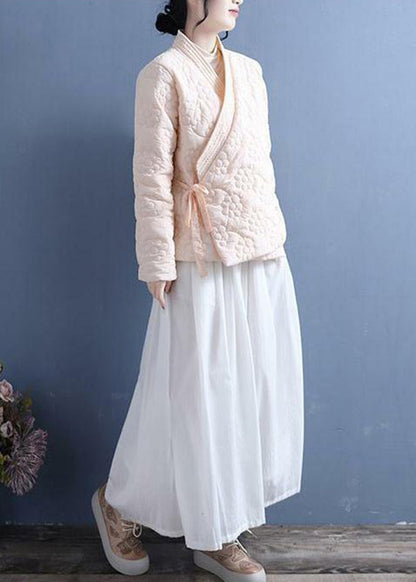 Retro Beige Lace Up Stereoscopic Floral Fine Cotton Filled Jackets Spring