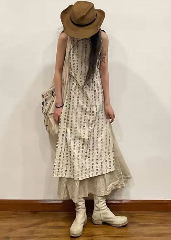 Retro Beige Stand Collar Print Side Open Cotton Dress Sleeveless