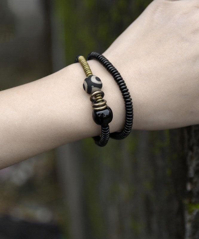 Retro Black Copper Ebony Double-Layer Beading Unisex Chain Bracelet