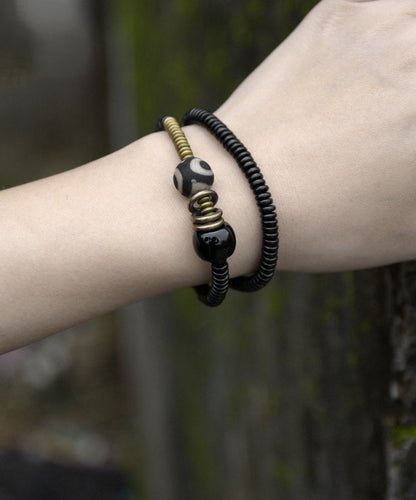 Retro Black Copper Ebony Double-Layer Beading Unisex Chain Bracelet