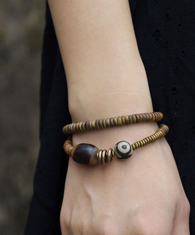 Retro Black Copper Ebony Double-Layer Beading Unisex Chain Bracelet