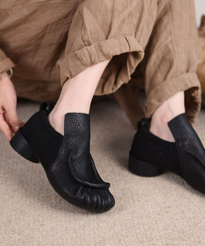 Retro Black Cowhide Leather Splicing Chunky Shoes