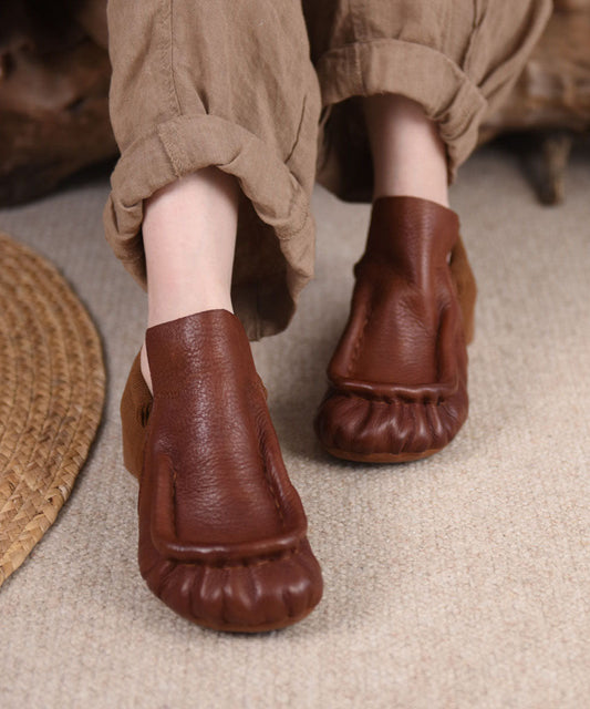 Retro Black Cowhide Leather Splicing Chunky Shoes