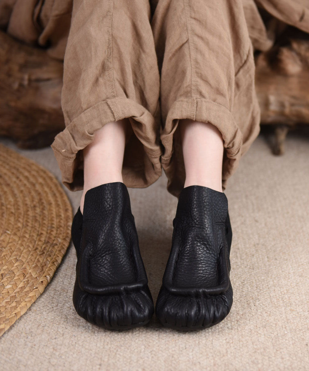 Retro Black Cowhide Leather Splicing Chunky Shoes