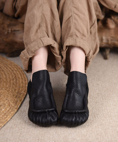 Retro Black Cowhide Leather Splicing Chunky Shoes