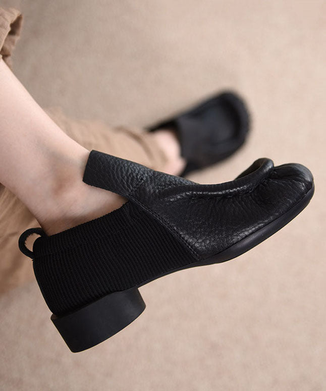 Retro Black Cowhide Leather Splicing Chunky Shoes