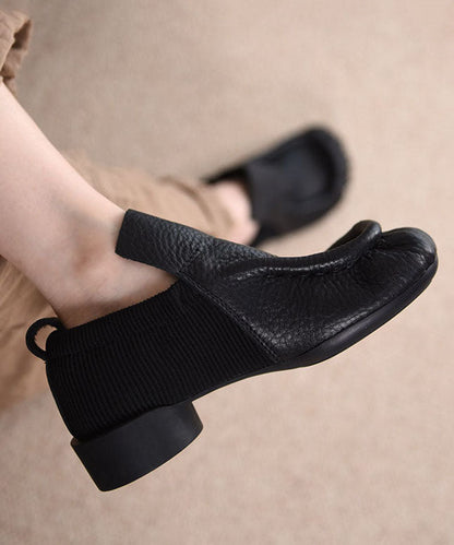Retro Black Cowhide Leather Splicing Chunky Shoes