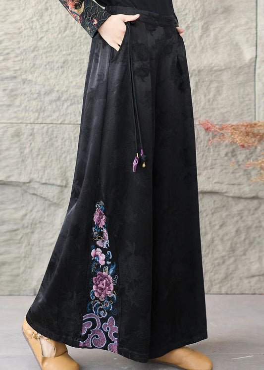 Retro Black Embroidered Patchwork Silk Wide Leg Pants Spring